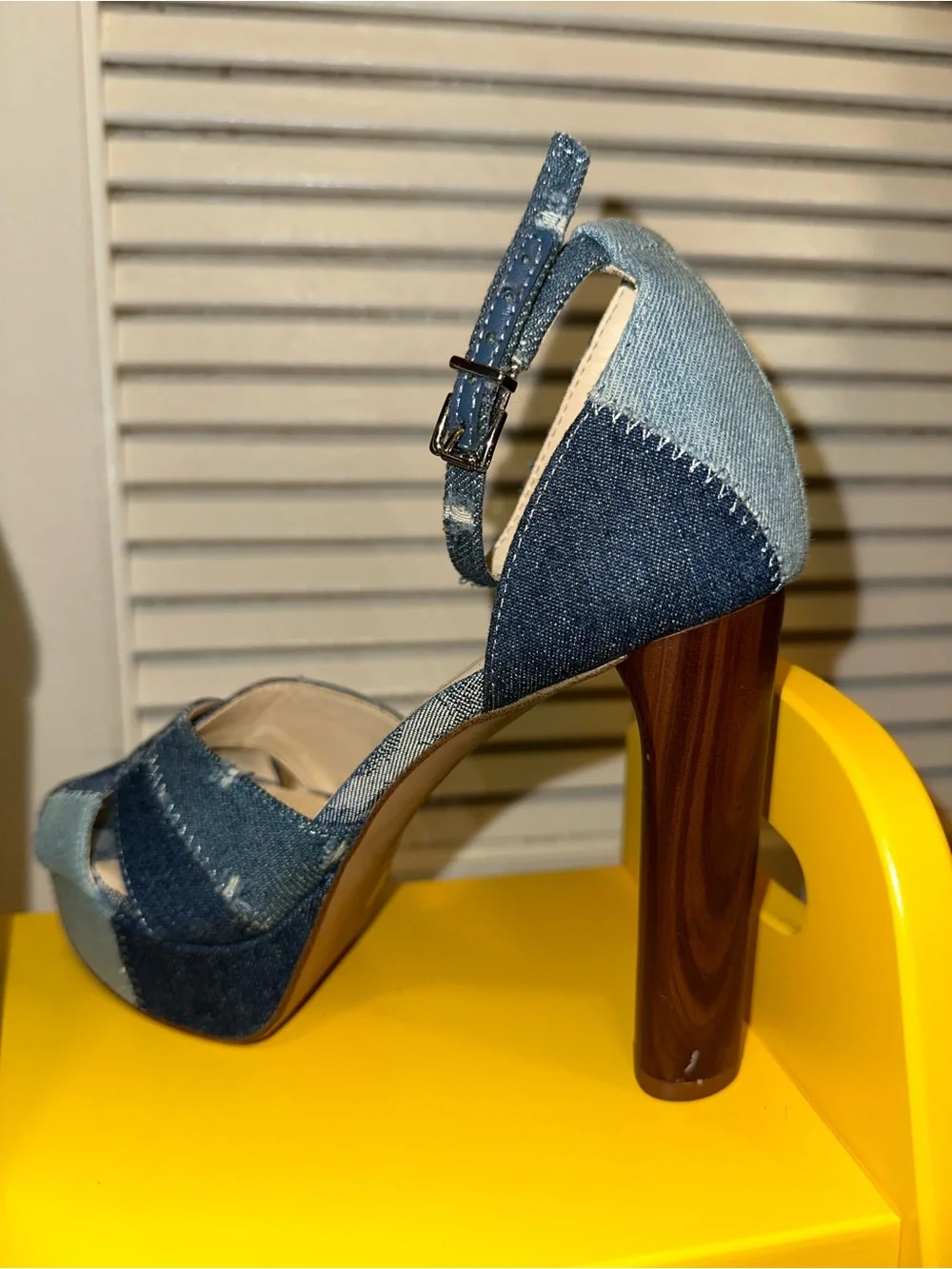 Jessica Simpson Patchwork Blue Denim Platform Sandals with Ankle Strap